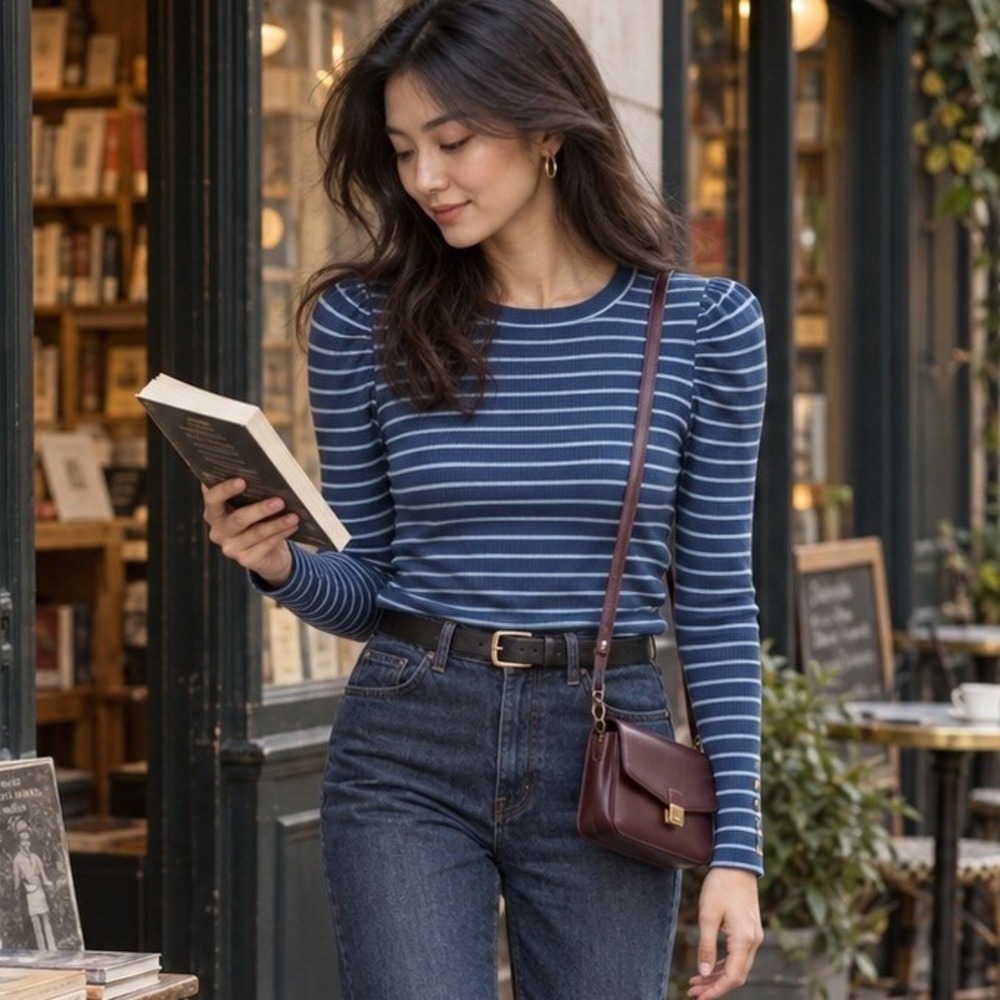 Maeve by Anthropologie Navy Blue Striped Puff Shoulder Button Cuff Top Mededium